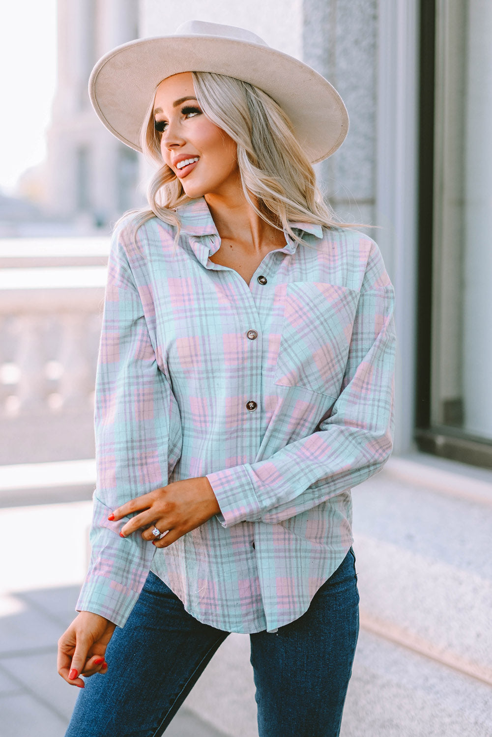 Collared Neckline Plaid Pattern Long Sleeve Shirt