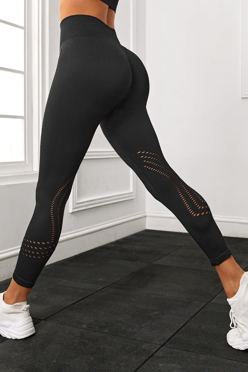 Pantalon de yoga taille haute sans couture ajouré noir