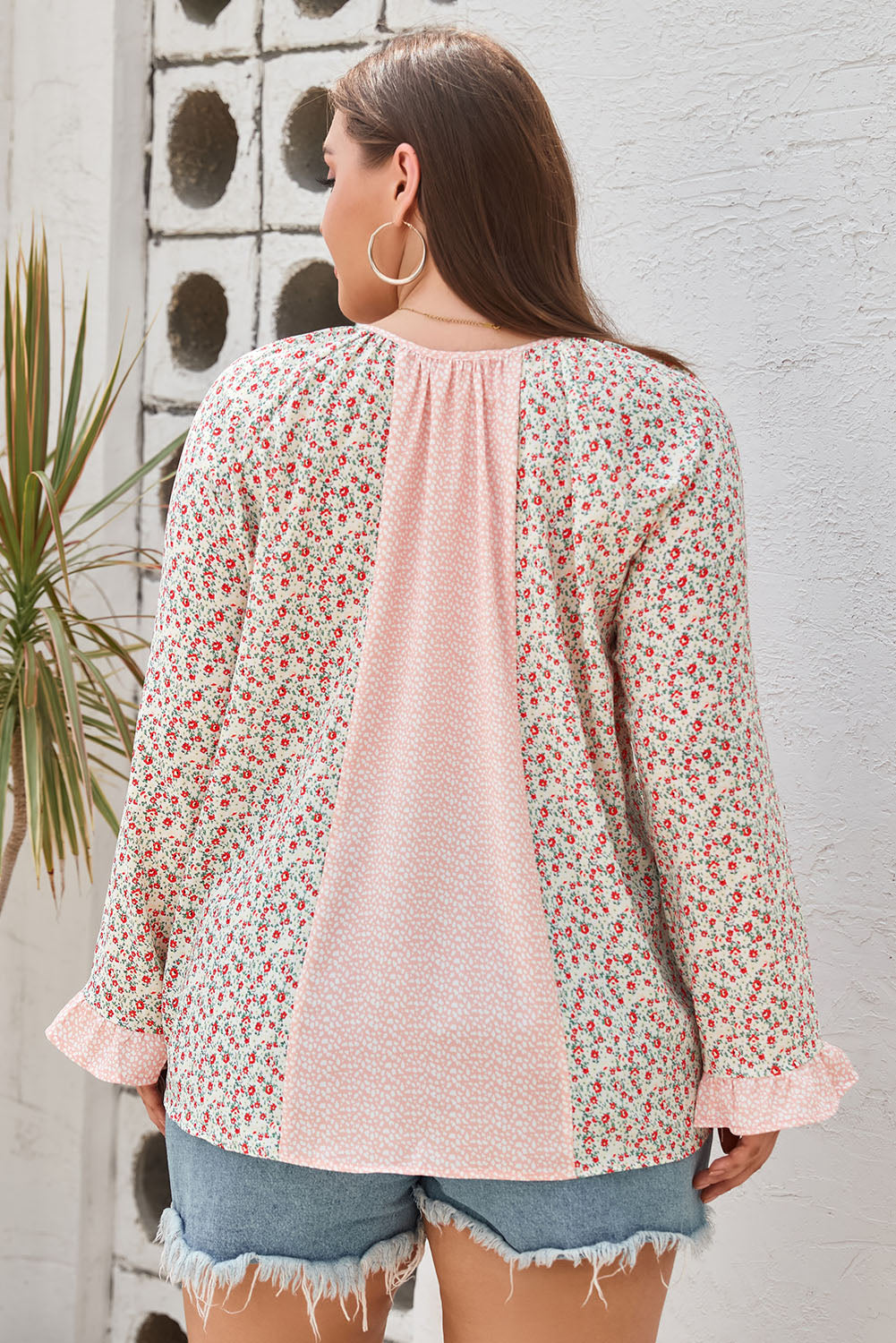 Chemisier à manches longues Dotty Floral Patchwork grande taille rose