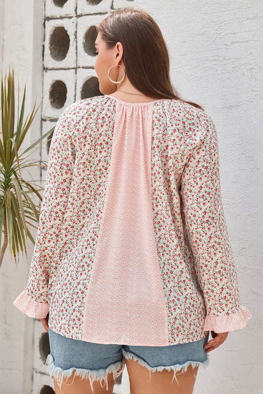 Dotty Floral Patchwork Plus Size Long Sleeve Blouse