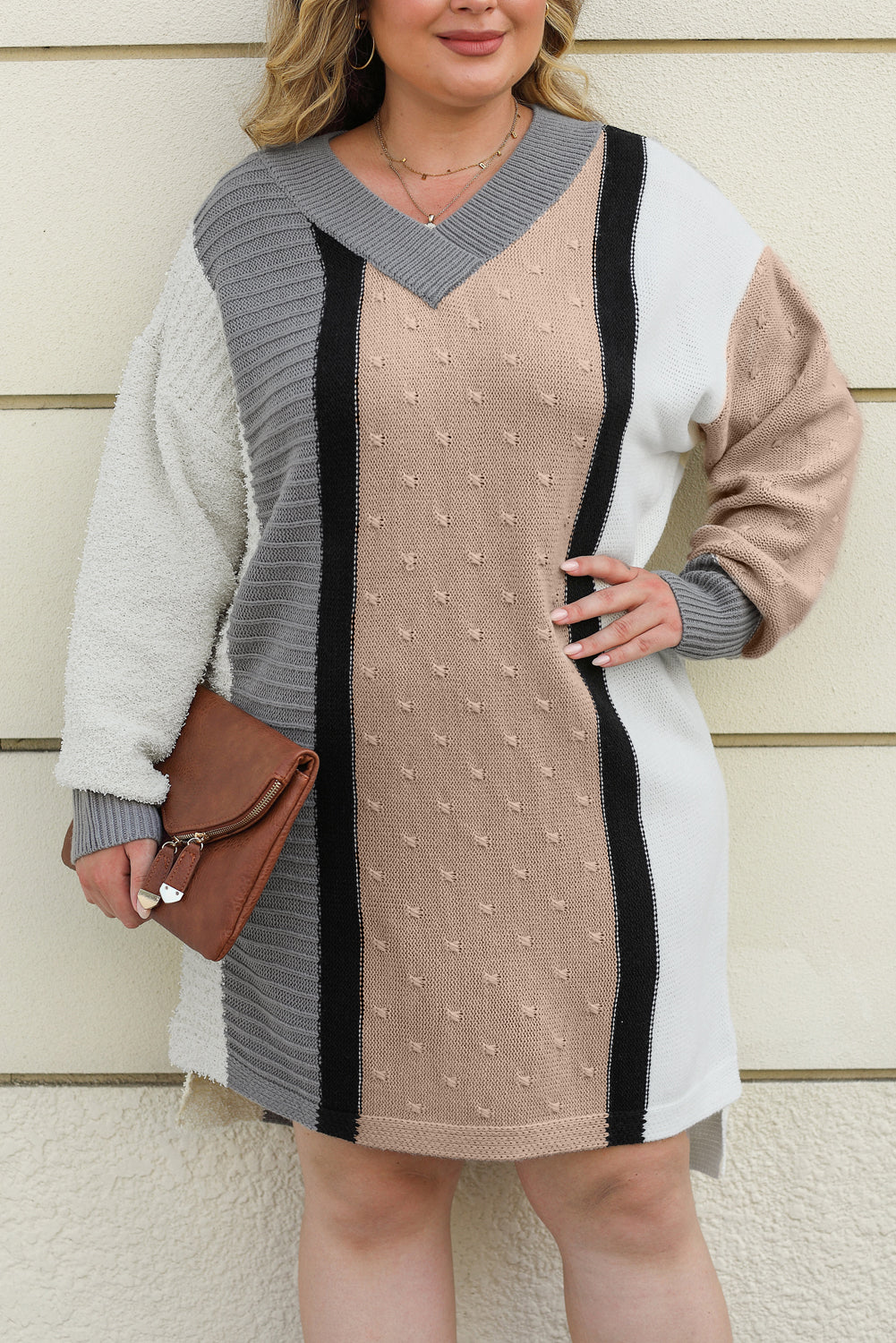 Mixed Boucl Color Block Plus Size Sweater Dress