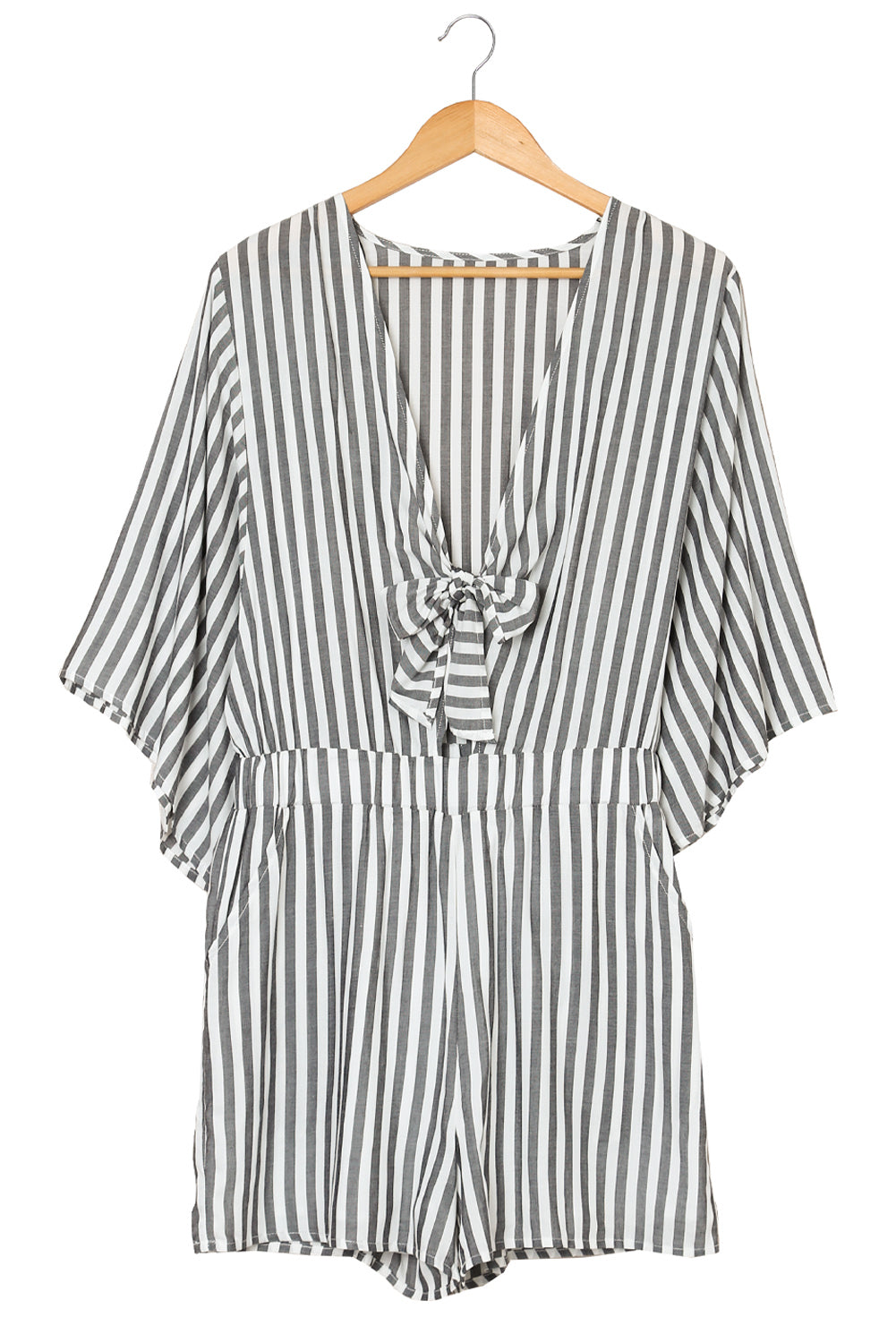 3/4 Wide Kimono Sleeves Tie Front Striped Romper with Pockets