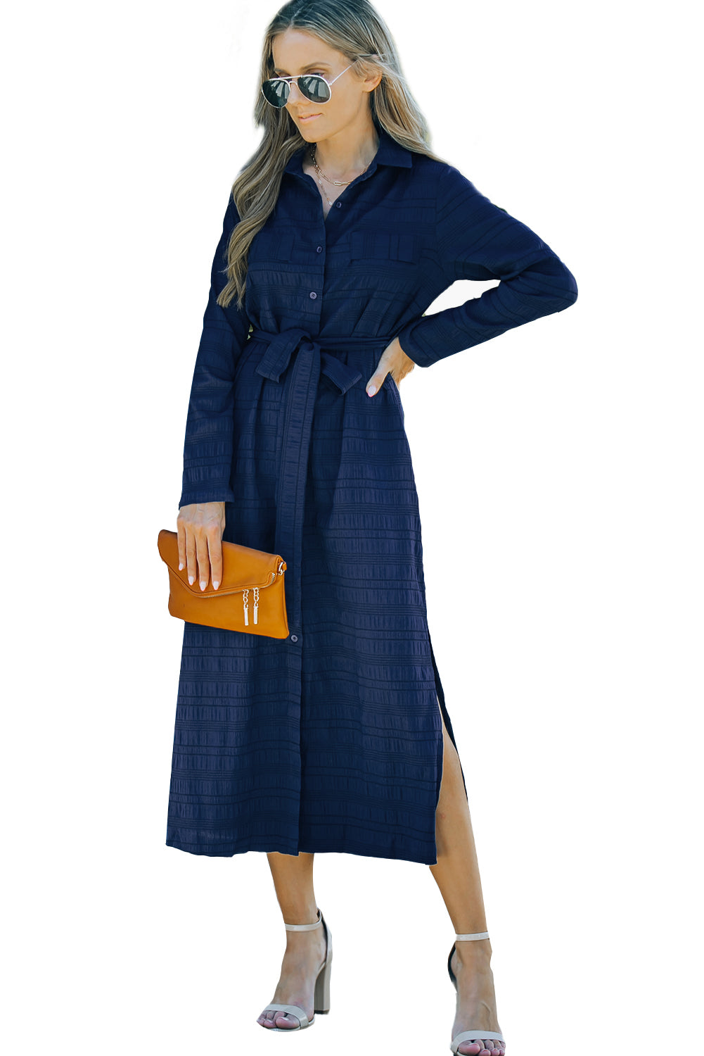 Crinkle Textured Long Sleeve Shirt Dress with Belt