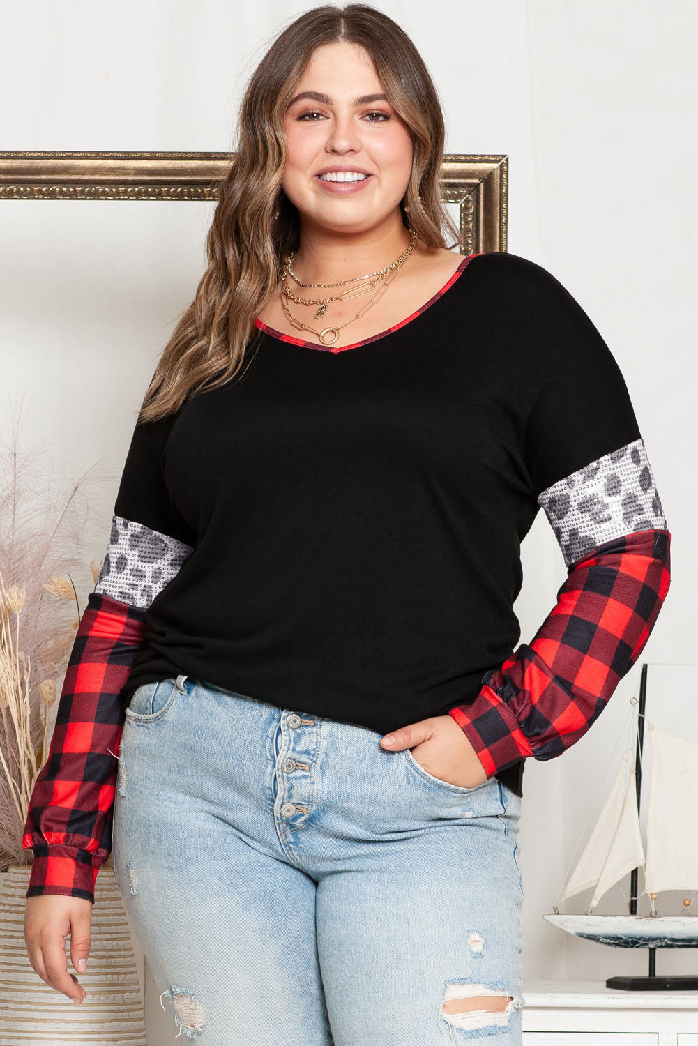 Christmas Tree Plaid Leopard Sequin Plus Size Top