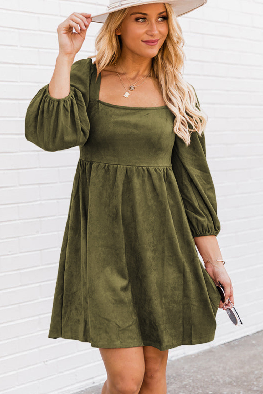 Black Suede Square Neck Puff Sleeve Dress