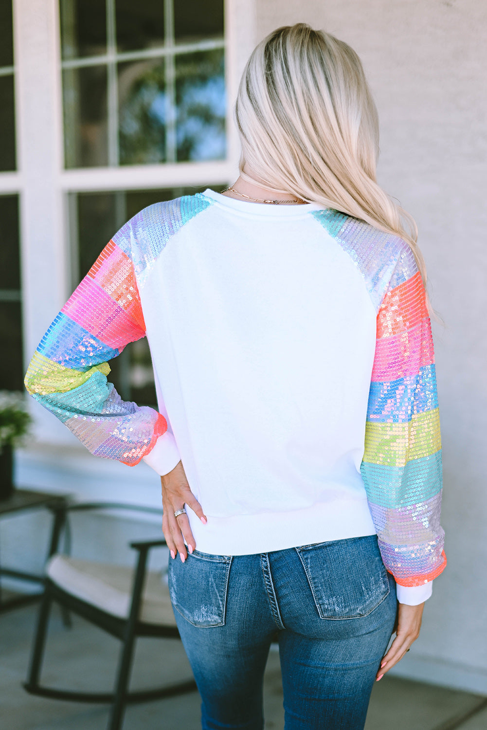 Sequin Color Block Raglan Sleeve Pullover Sweatshirt