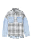 Plaid Patchwork Fringed Flap Pockets Denim Jacket