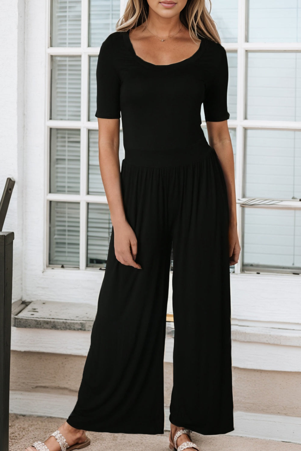 Short Sleeve Bodice Flowy Wide Leg Jumpsuit