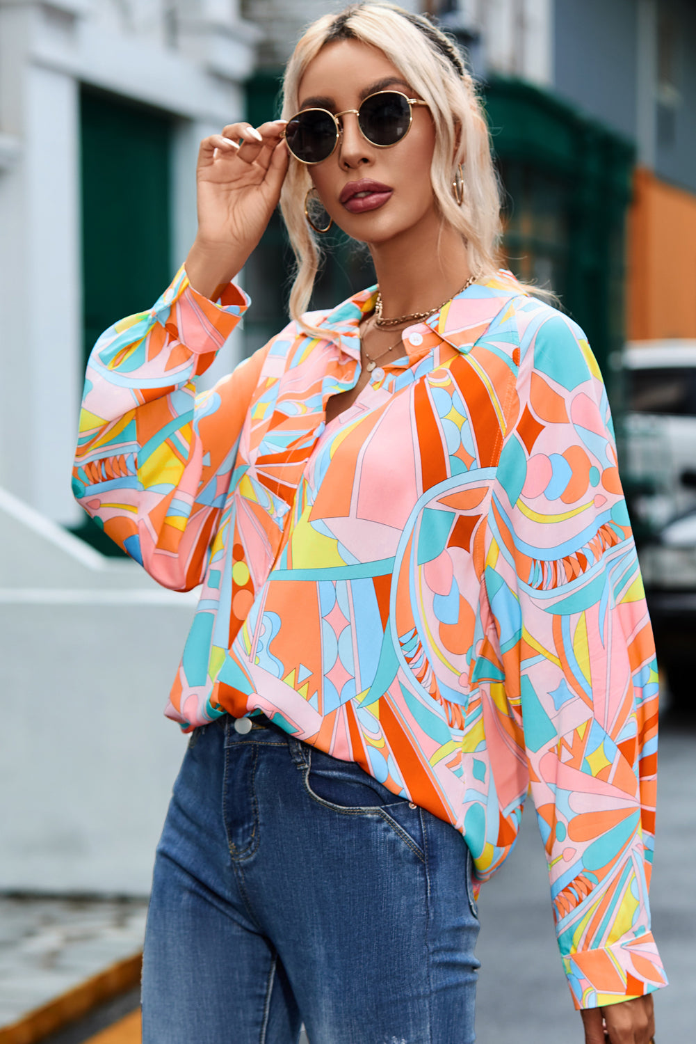 Abstract Geometry Print Half Puff Sleeve Loose Shirt