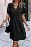 Fern Green Notched Neck Pleated Puff Sleeve Shift T-shirt Dress