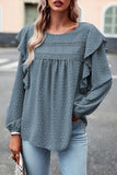 Blackish Green Lace Eyelet Ruffle Shoulder Long Sleeve Blouse