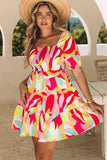 Multicolor Abstract Print Puff Sleeve Smocked Square Neck Dress