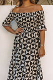 Printed Smocked Off Shoulder Ruffle Sleeve Maxi Dress