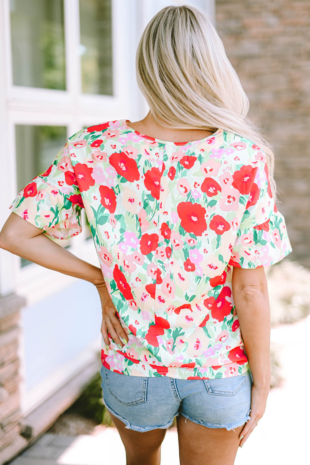 Floral Print Ruffled Short Sleeve V Neck Blouse