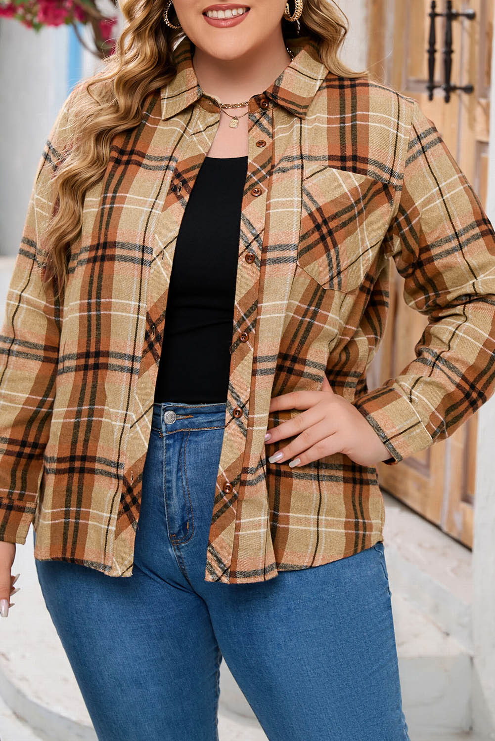 Plus Size Buttons Plaid Pattern Shirt