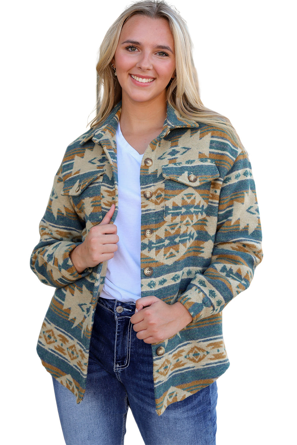 Multicolor Plus Size Flap Pockets Aztec Print Jacket