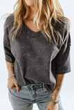 Waffle Knit Seamed Half Sleeve V Neck Top