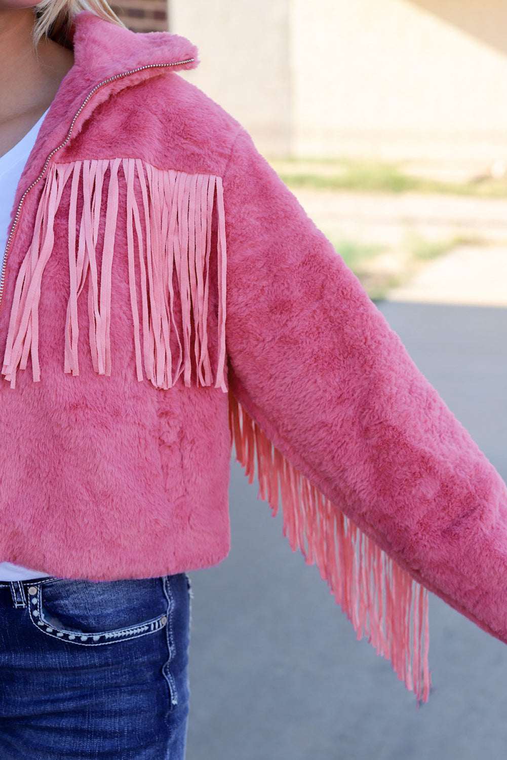 Pink Fringed Full Zipper Fleece Jacket