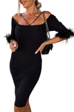 Ribbed Off Shoulder Feather Cuff Bodycon Dress