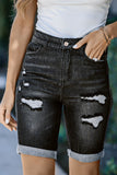 Roll-up Distressed Bermuda Denim Shorts