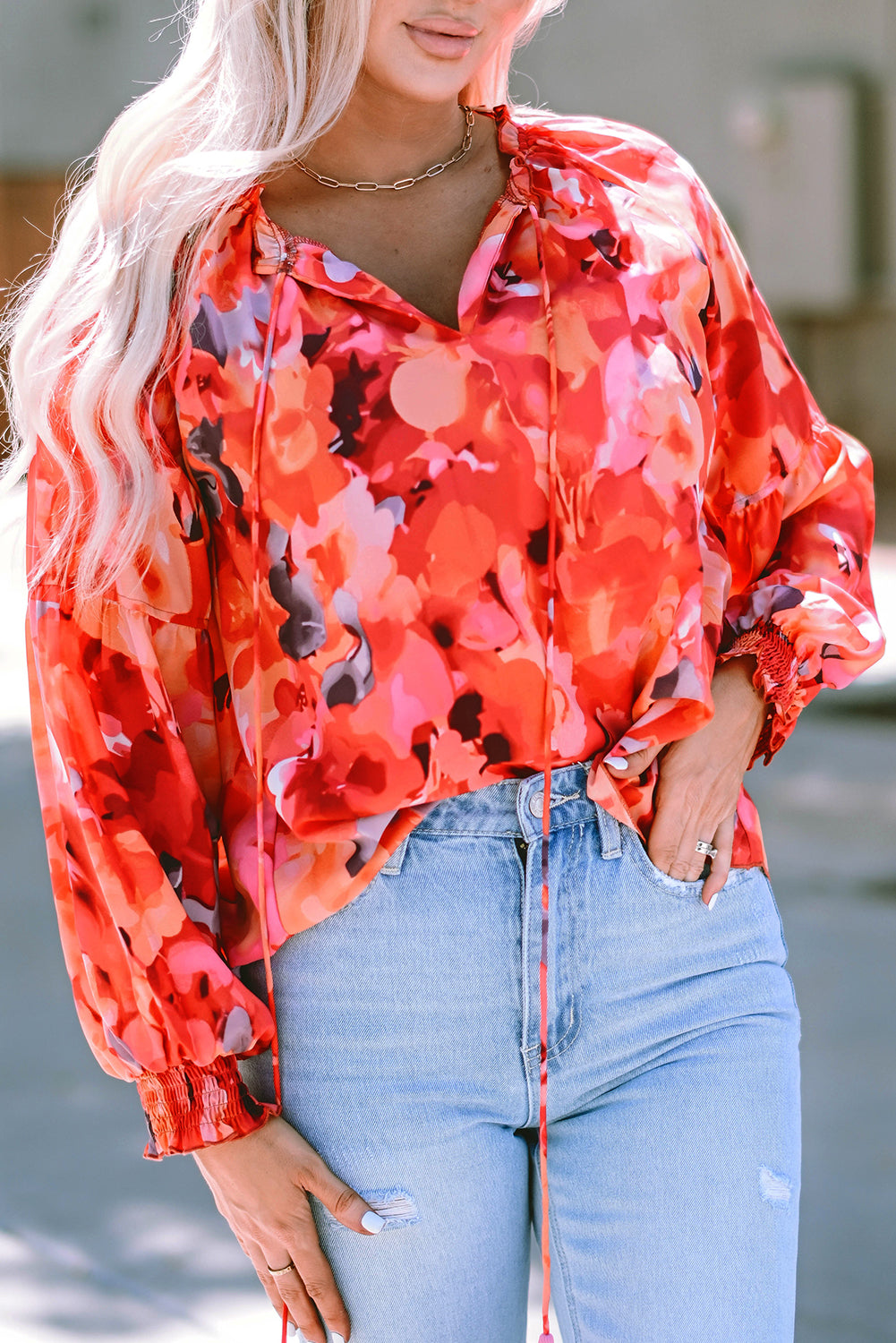 Floral Print Split Neck Tassel Tie Blouse