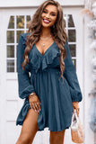 Black Textured Ruffled V Neck High Waist Mini Dress