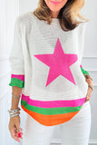 White Star Pattern Colorblock Striped Edge Drop Shoulder Sweater