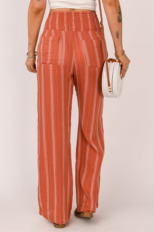 Orange Striped Shirred High Waist Straight Leg Pants