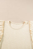 Beige Ruffled Rib Knitted Short Sleeve T Shirt