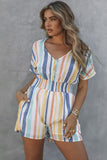 Striped Print V-neck Button Romper