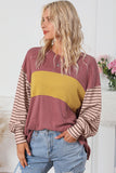 Green Colorblock Striped Bishop Sleeve Top