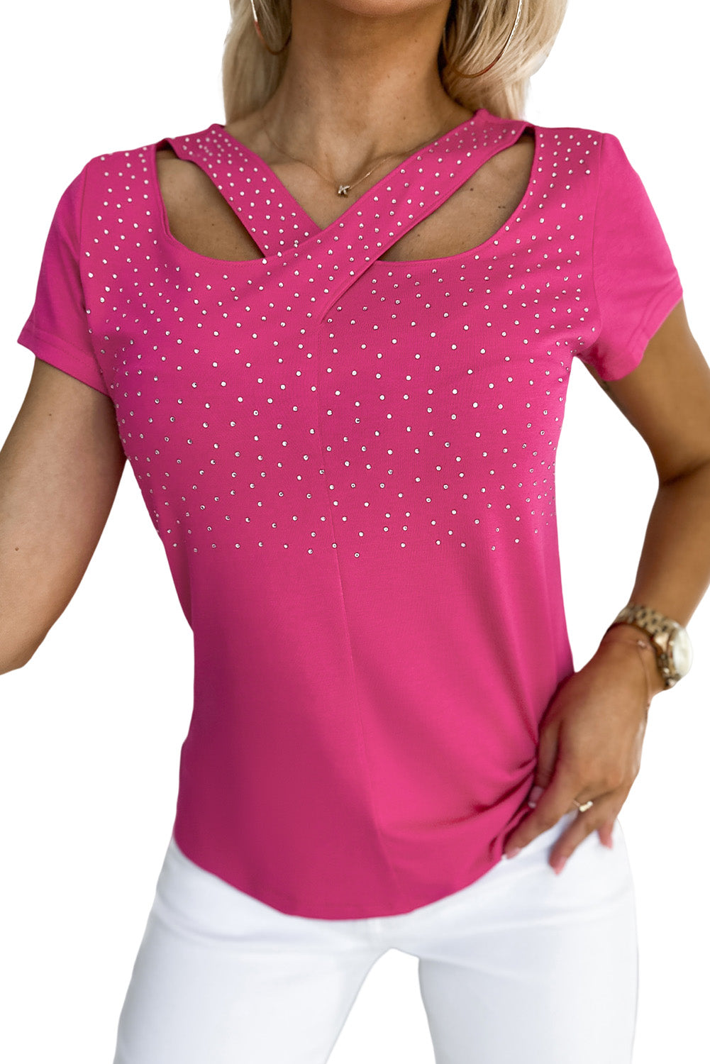 Rhinestone Criss Cross Short Sleeve T Shirt