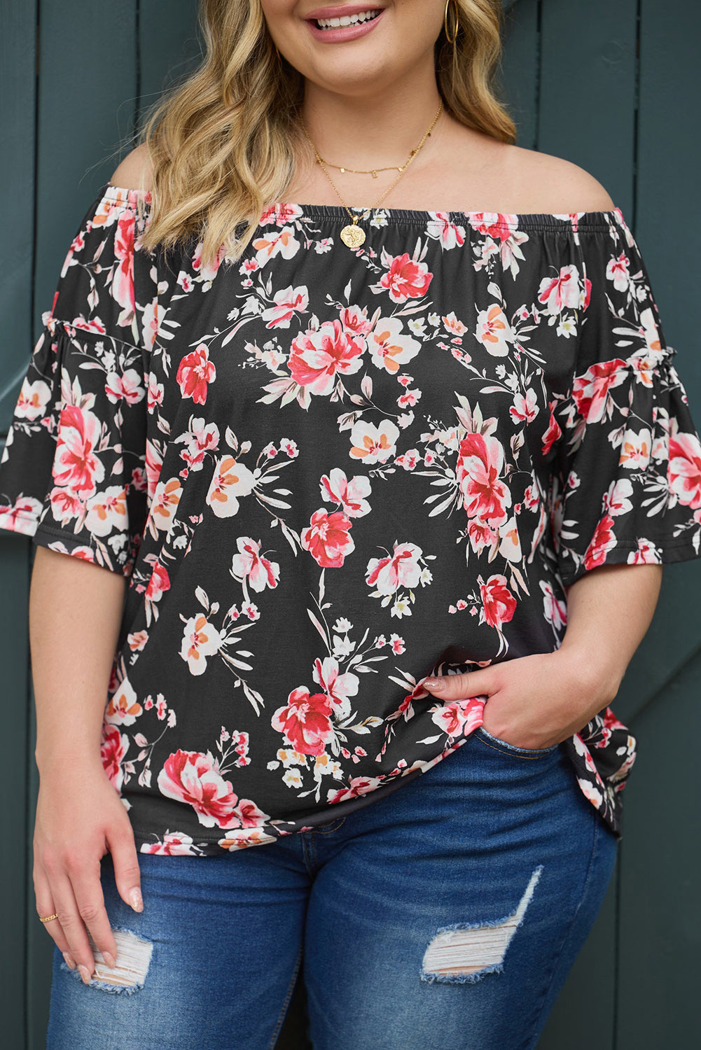 Floral Print Off Shoulder Plus Size Blouse