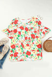 Floral Print Ruffled Short Sleeve V Neck Blouse