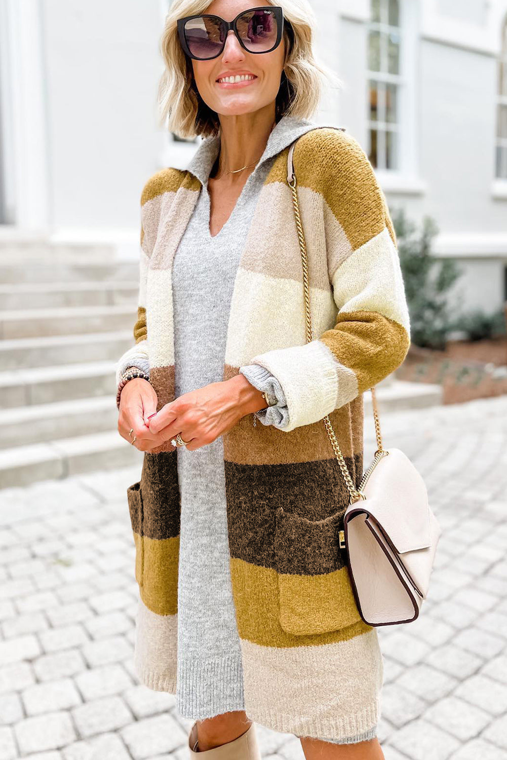 Cardigan à rayures color block ouvert avec poches sur le devant