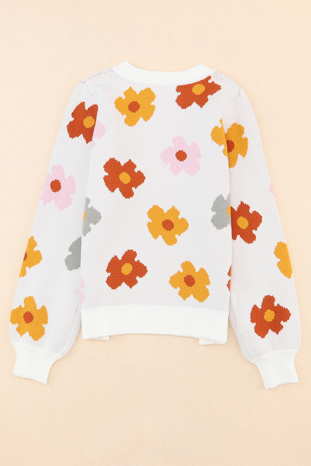 Sweet Flower Knitted Ribbed Hem Sweater