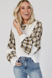 Plaid Patch Waffle Knit Exposed Seam Bubble Sleeve Top