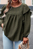 Blackish Green Lace Eyelet Ruffle Shoulder Long Sleeve Blouse