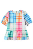 Bold Plaid Color Block Puff Sleeve Peplum Top