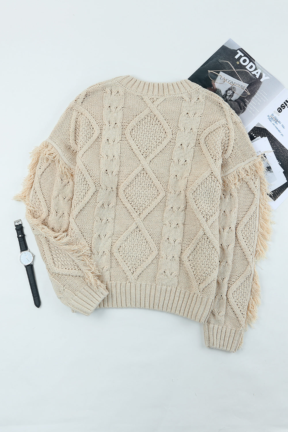 Cable Knit Fringe Trim Sweater