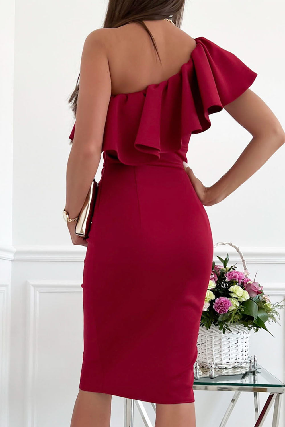 Ruffled One Shoulder Ruched Slit Bodycon Dress