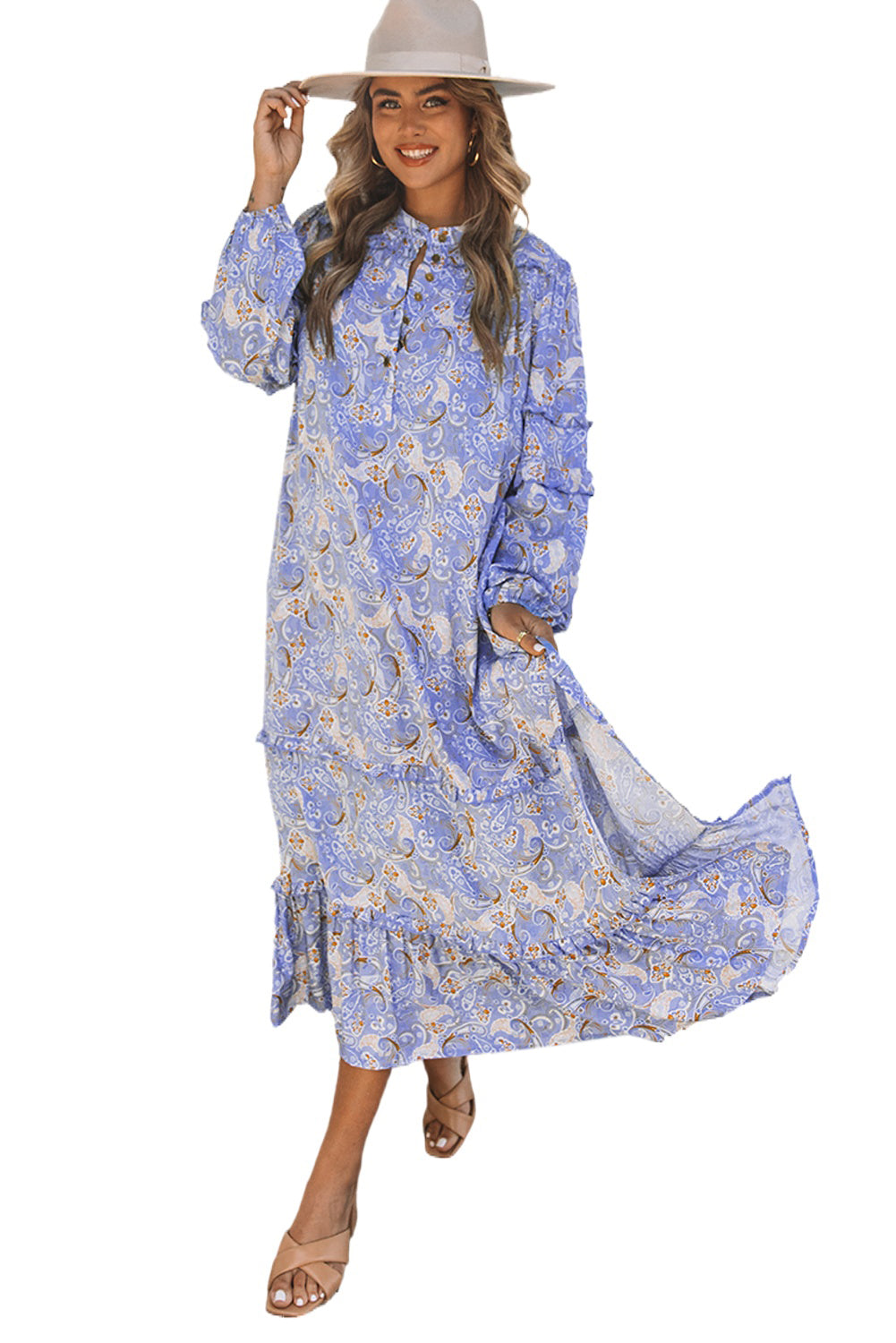 Robe longue caftan violet à volants et manches bouffantes à motif cachemire