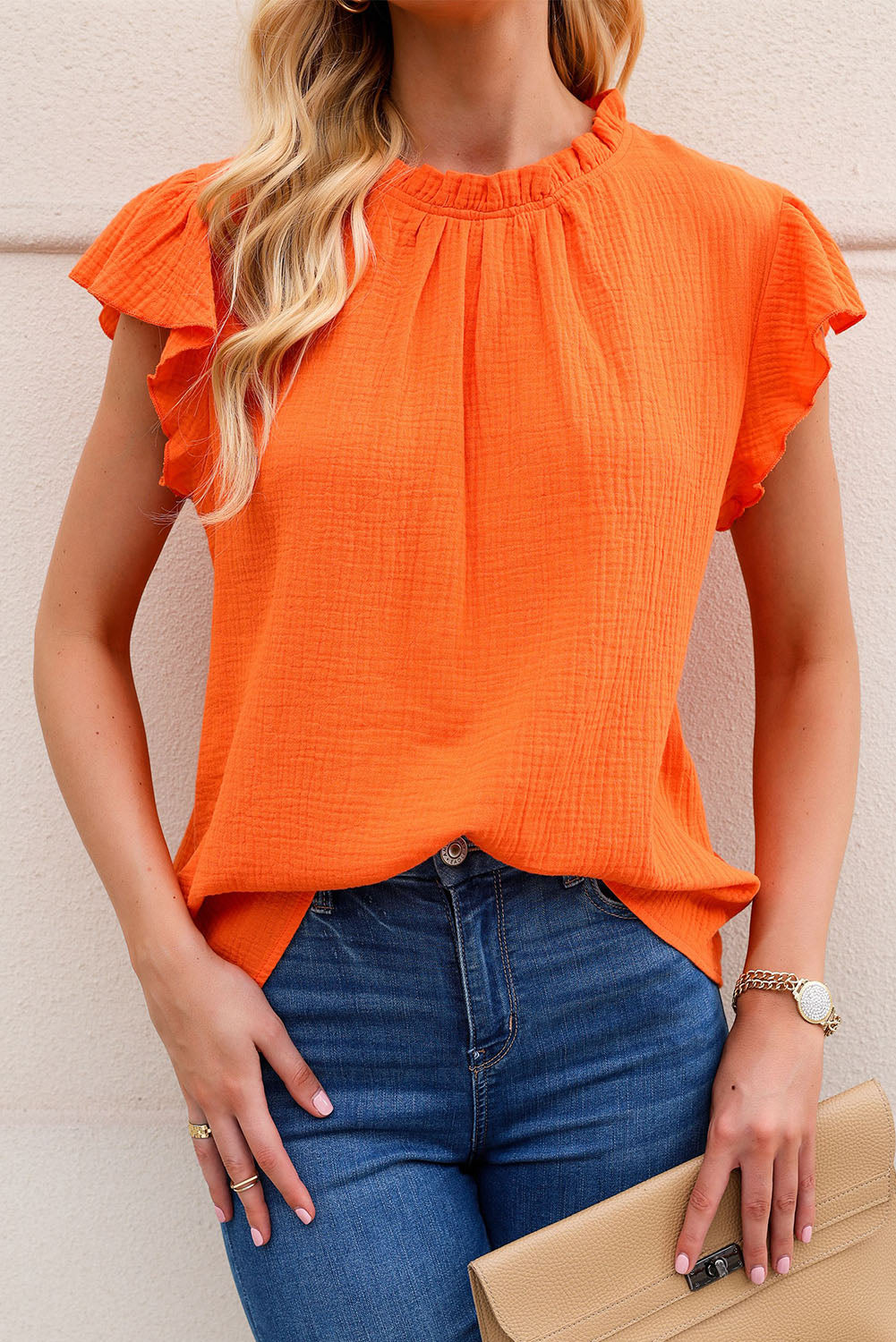 Crinkled Textured Ruffled Puff Sleeve Blouse