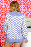 Purple Checkered Collared Buttons Plus Size Sweater