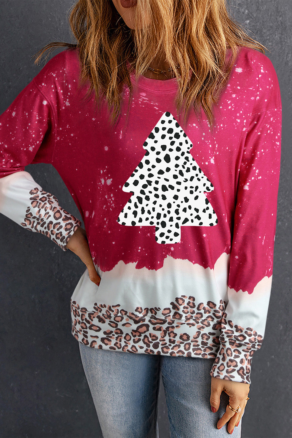 Red Leopard Bleached Pullover Sweatshirt