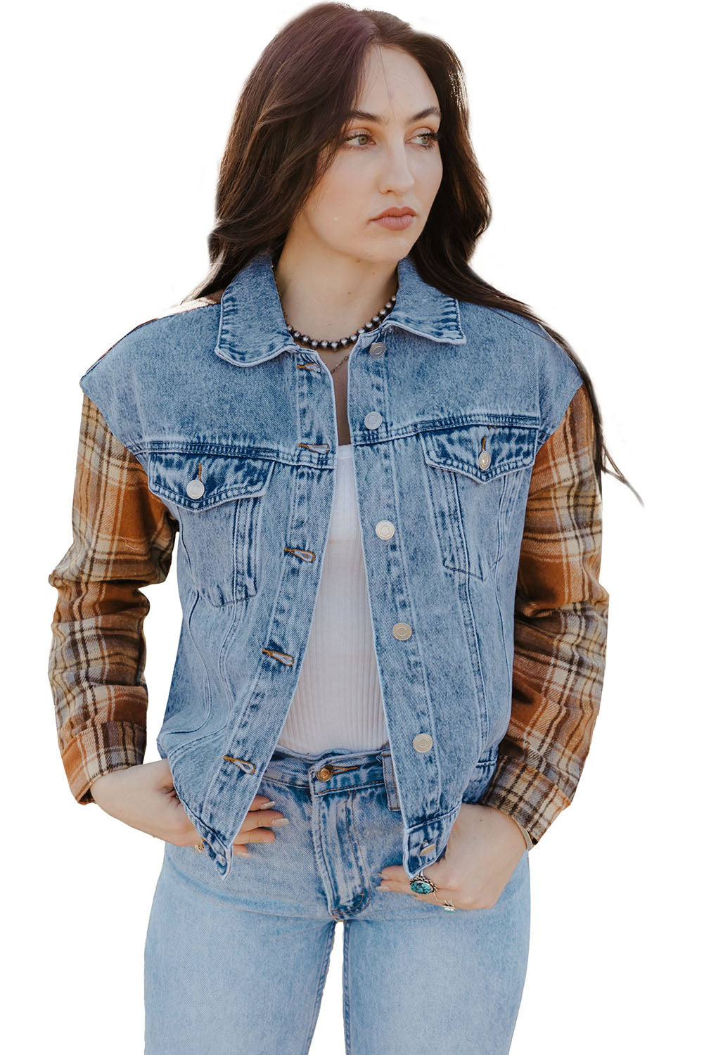 Medium Wash Plaid Sleeves Denim Jacket