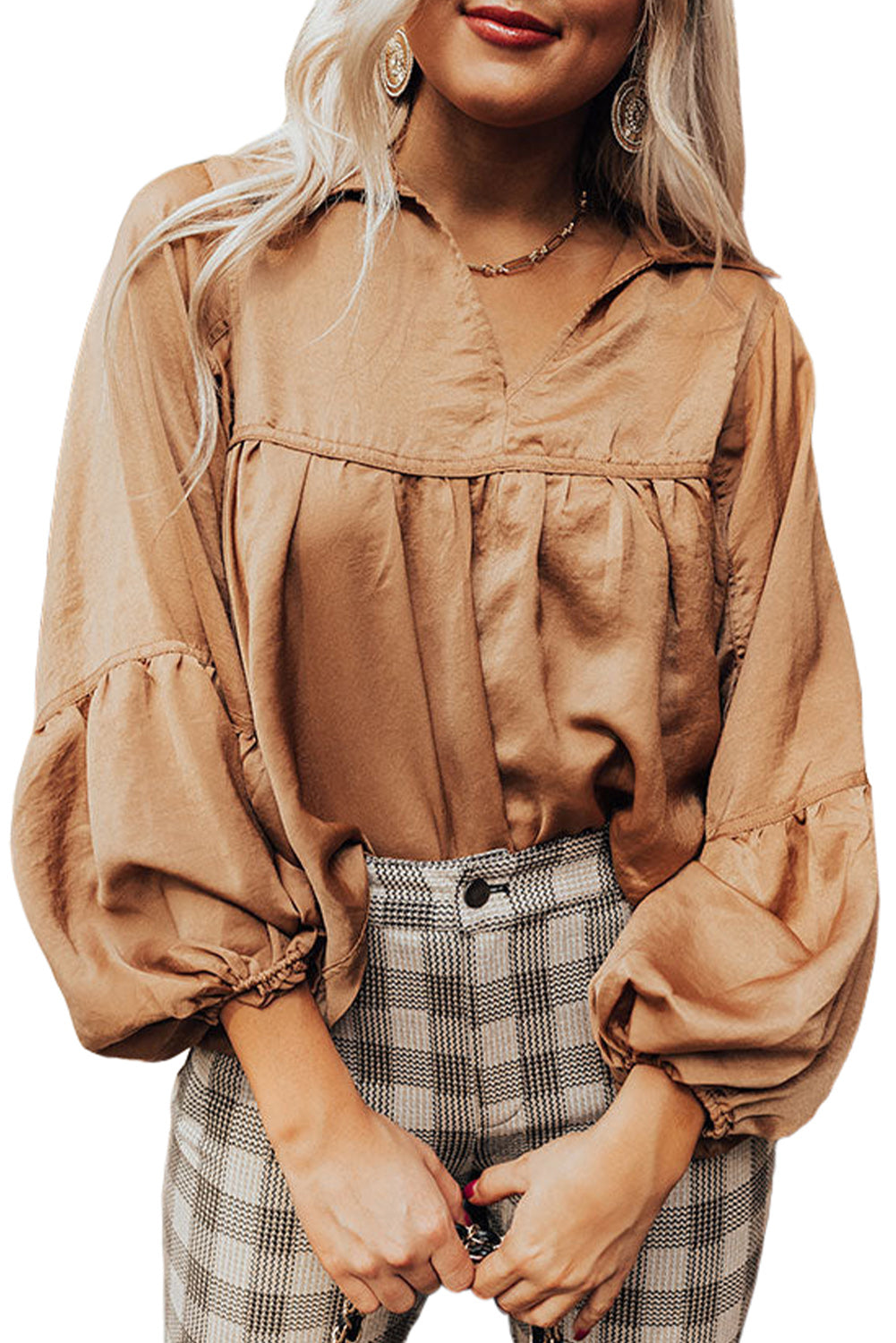 Blouse babydoll plissée à col et manches bouffantes marron