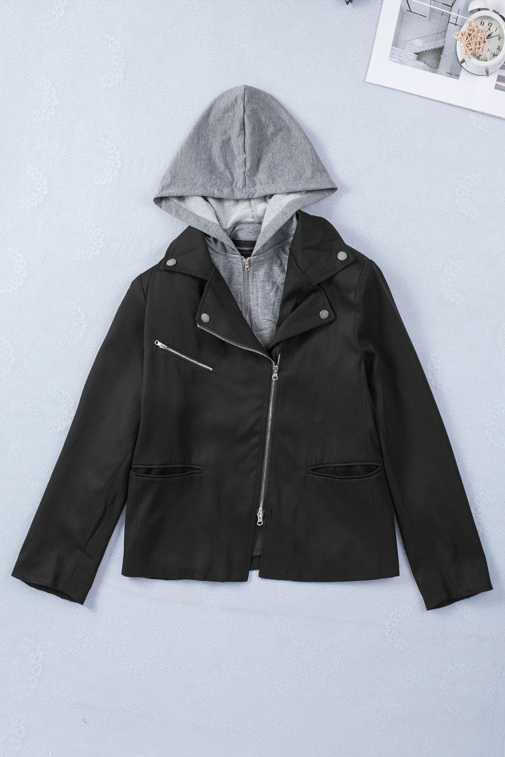 Notch Collar Detachable Hood Zipped Jacket