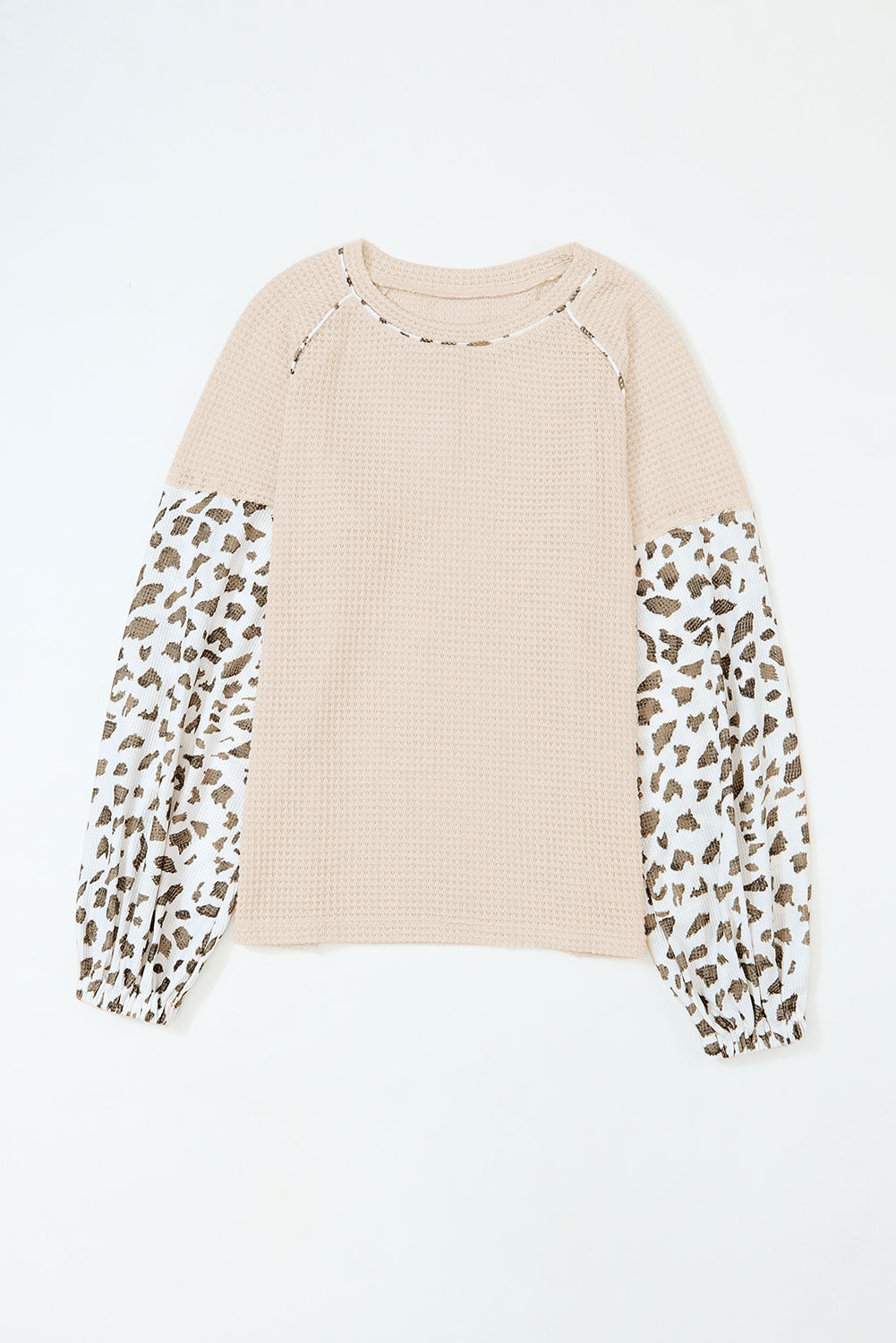 Leopard Print Patchwork Lantern Sleeve Waffle Knit Top