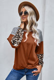 Leopard Long Sleeve Waffle Knit Blouse with Twist Knot